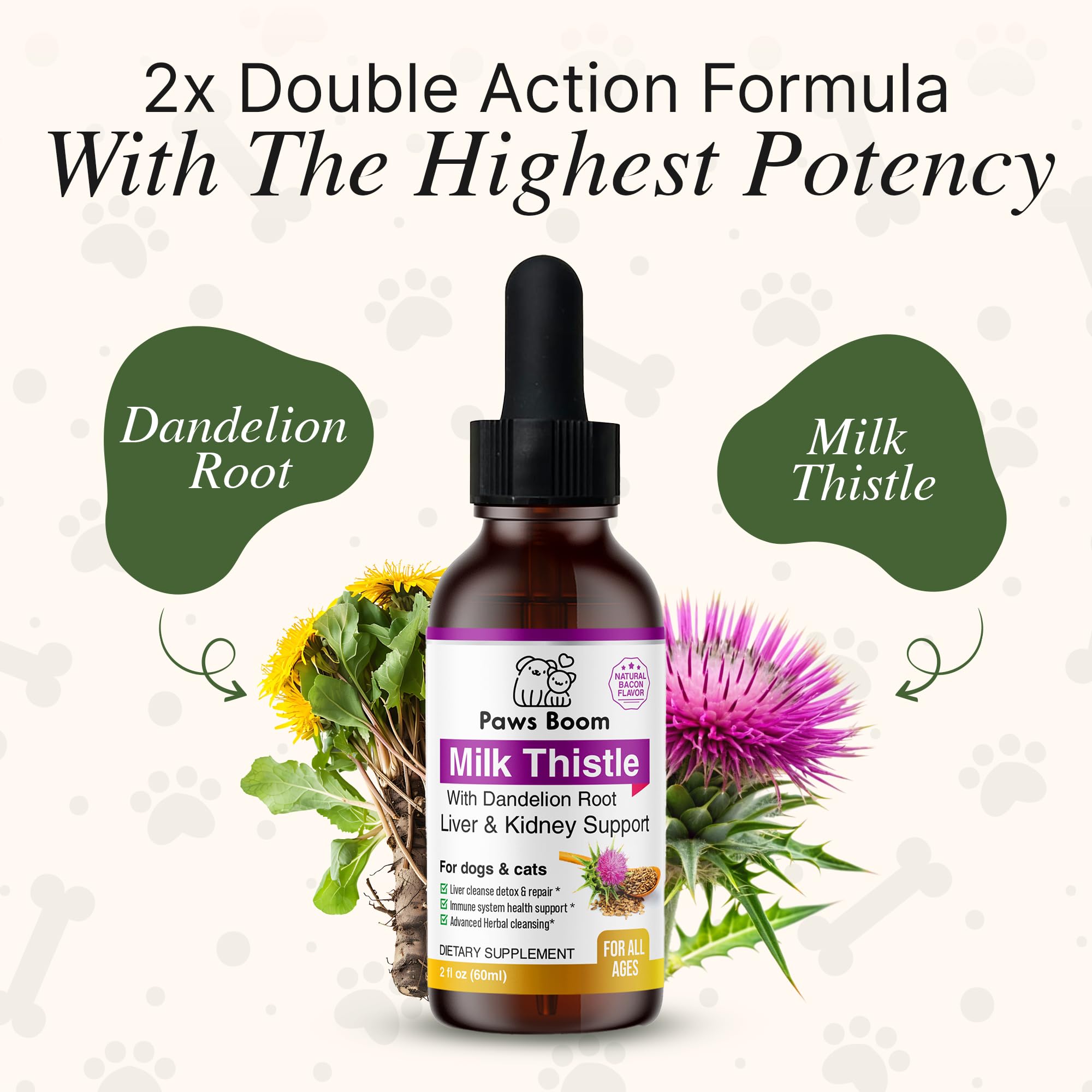 Paws Boom bottle label highlights dandelion root for detox and digestion.