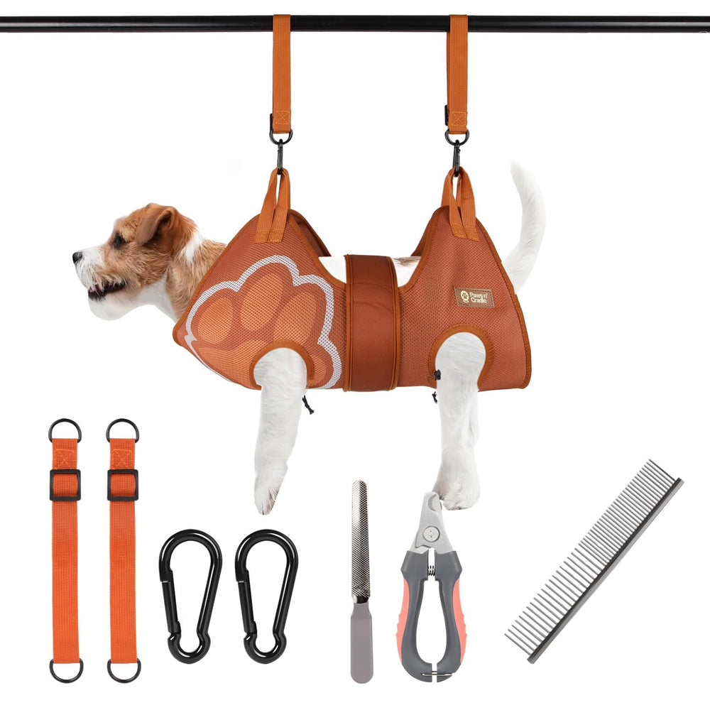 Paws n' Cradle grooming hammock setup keeps pets secure for calm home grooming.