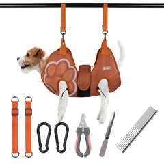Paws n' Cradle grooming hammock setup demonstrates secure, wriggle-free grooming.