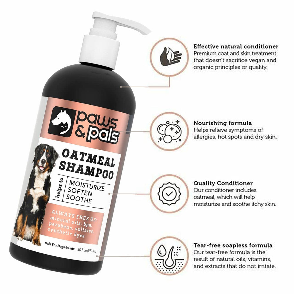 Paws & Pals champú perro, ingredientes naturales visibles para cuidado suave.