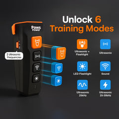 Paws Power deterrent device in display mode shows six training options for versatile behavior correction.