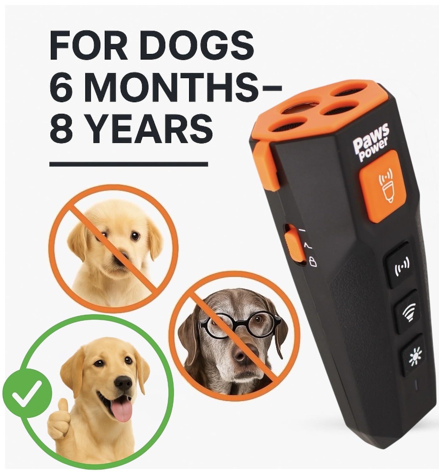 Paws Power deterrent device with USB-C recharge emphasizes quick charging and long battery life.