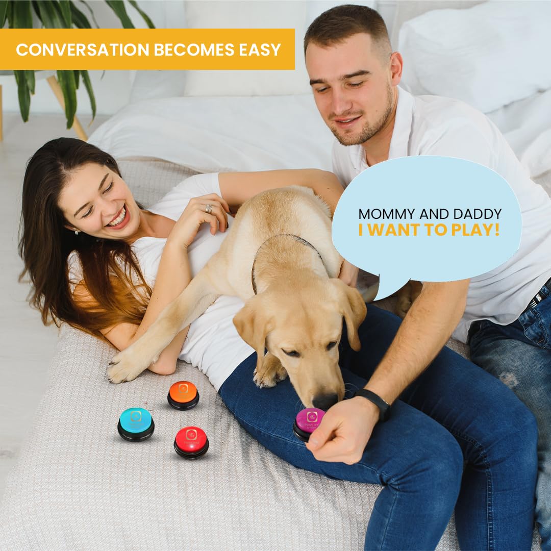 Paws & Smiles dog talking buttons in use during family games for fun learning