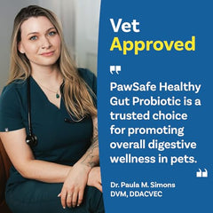 PawSafe Dog Probiotics bottle label highlights multi-strain formula and USA-made quality.