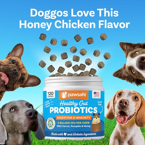 PawSafe dog probiotics honey pumpkin fenugreek blend supports gut flora.