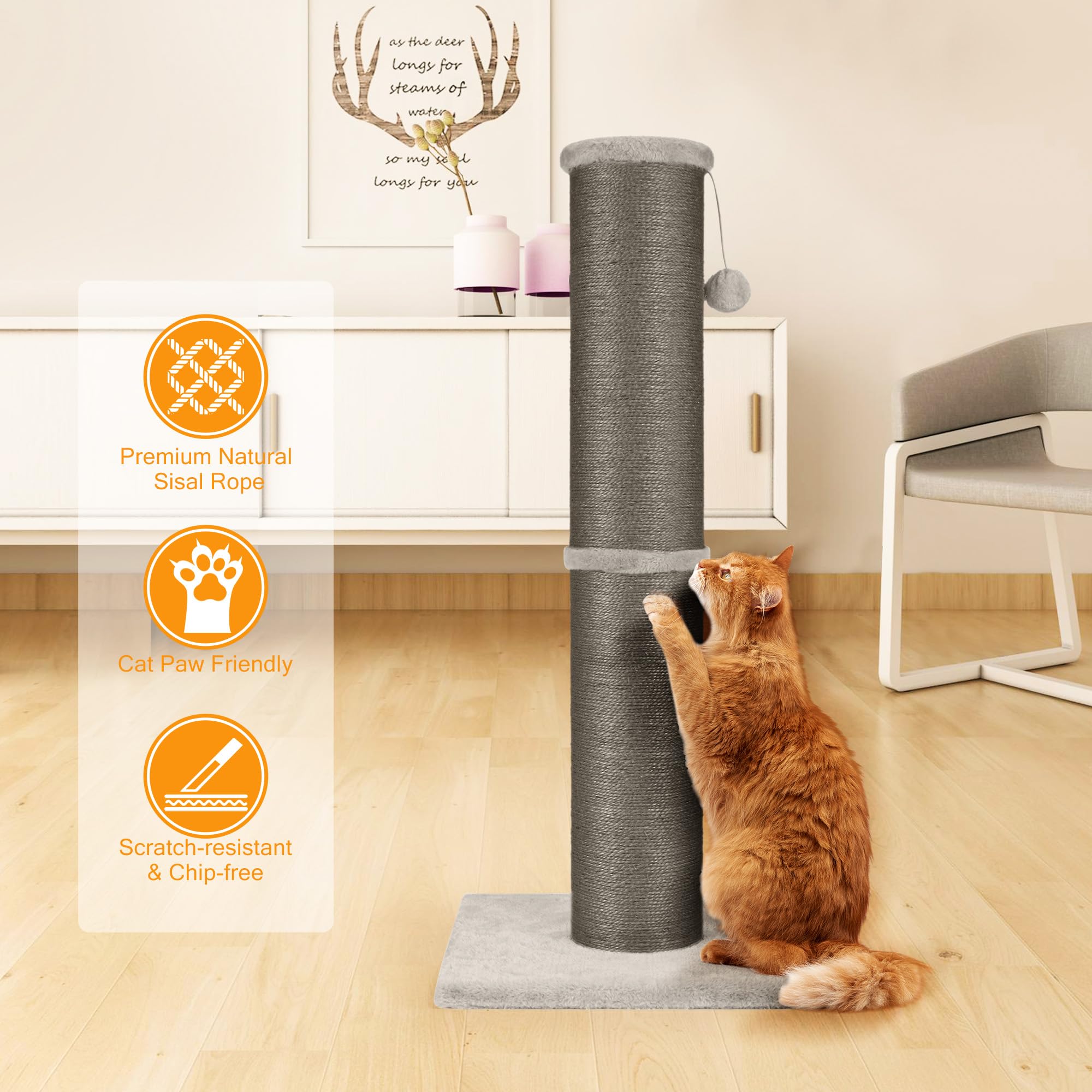 PAWSCRAT 32-inch beige flannelette post with fluffy balls encourages climbing and playful engagement.