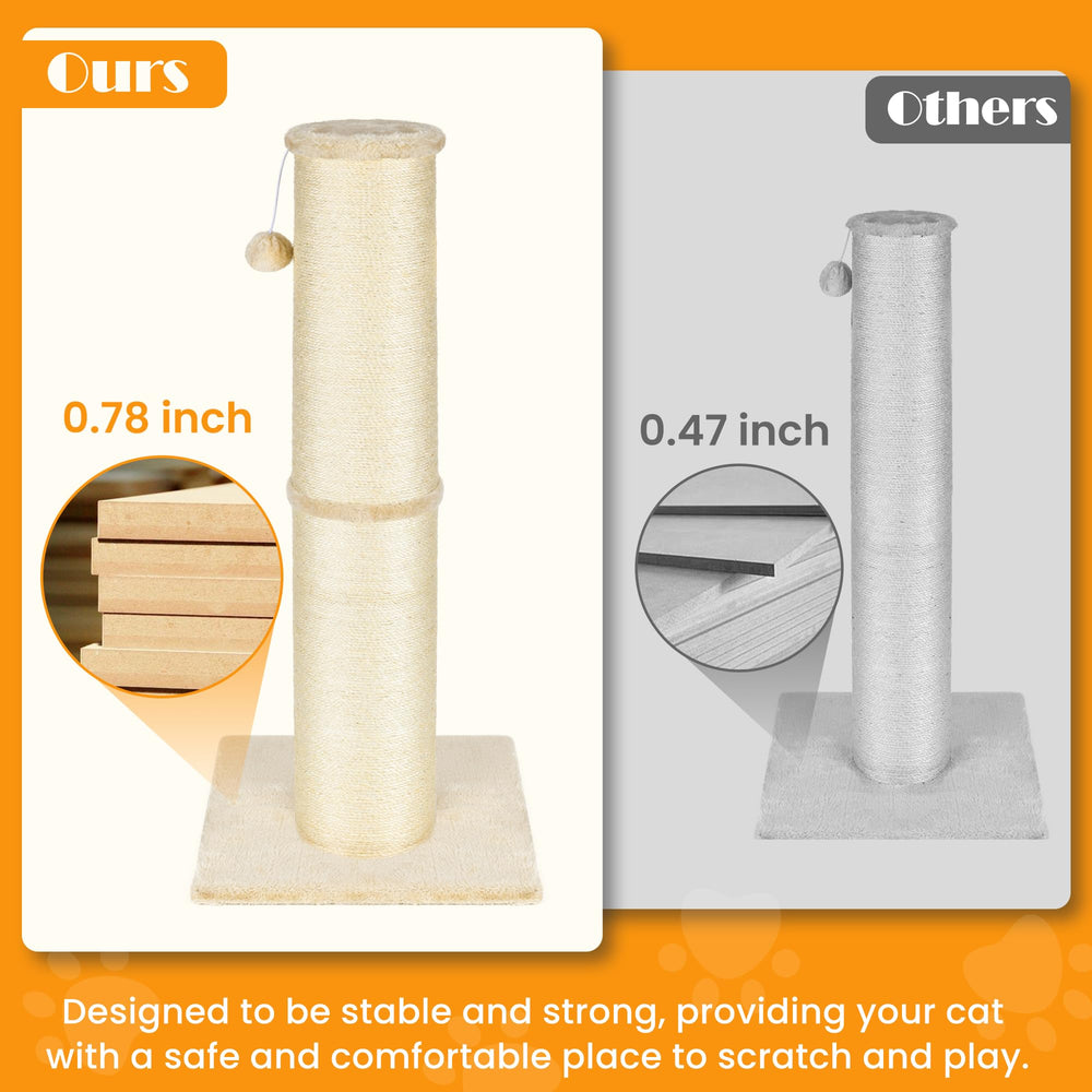 PAWSCRAT scratching post with fluffy balls entices climbing and exercise.