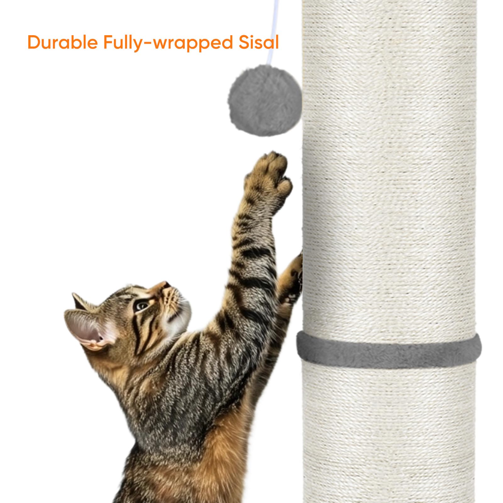 PAWSCRAT scratching post with dangling balls for playful engagement.
