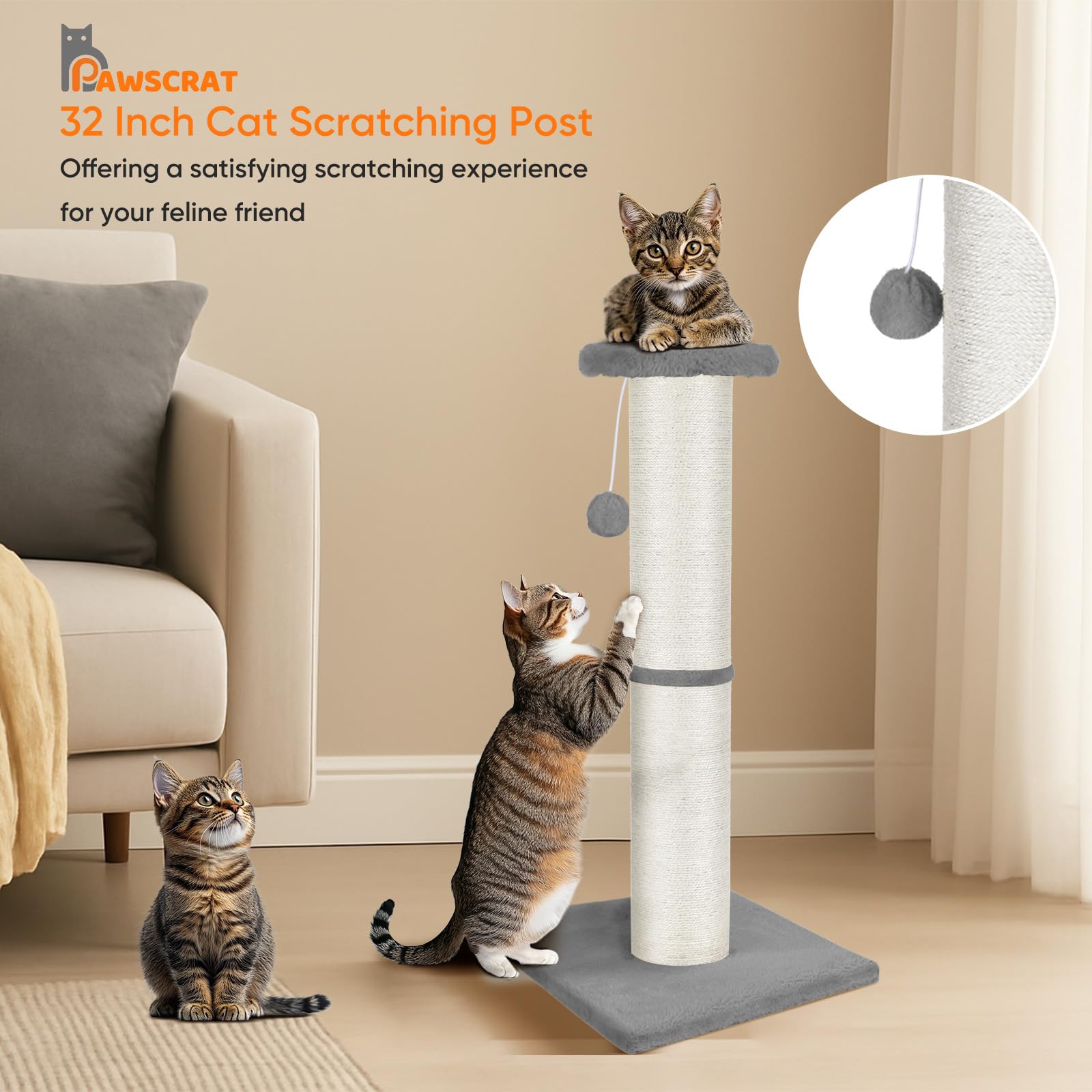 PAWSCRAT natural sisal 5-inch diameter for durable paw-friendly scratching.