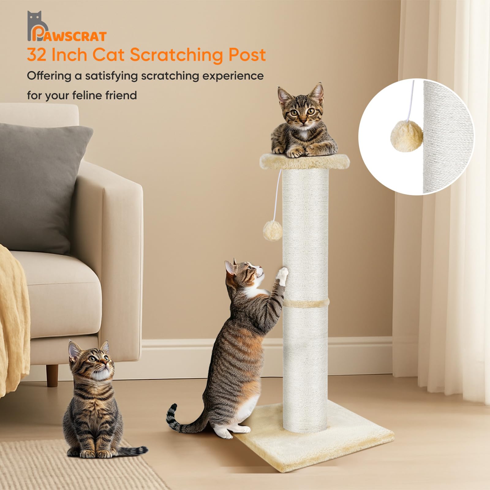 PAWSCRAT natural sisal rope closeup shows durable, paw-friendly texture.