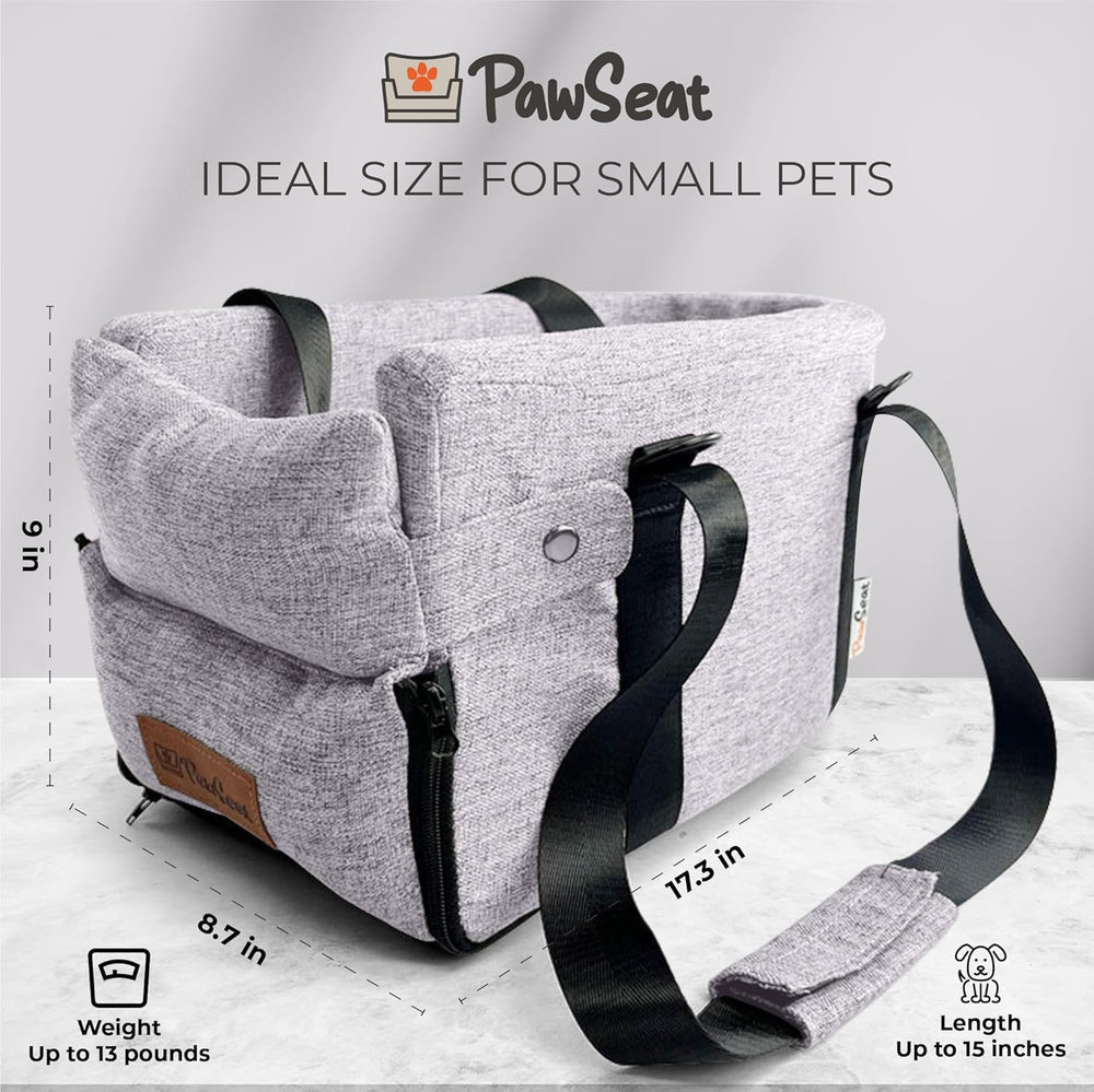 Pawseat booster seat installation with safety belt keeps pets restrained during drives.