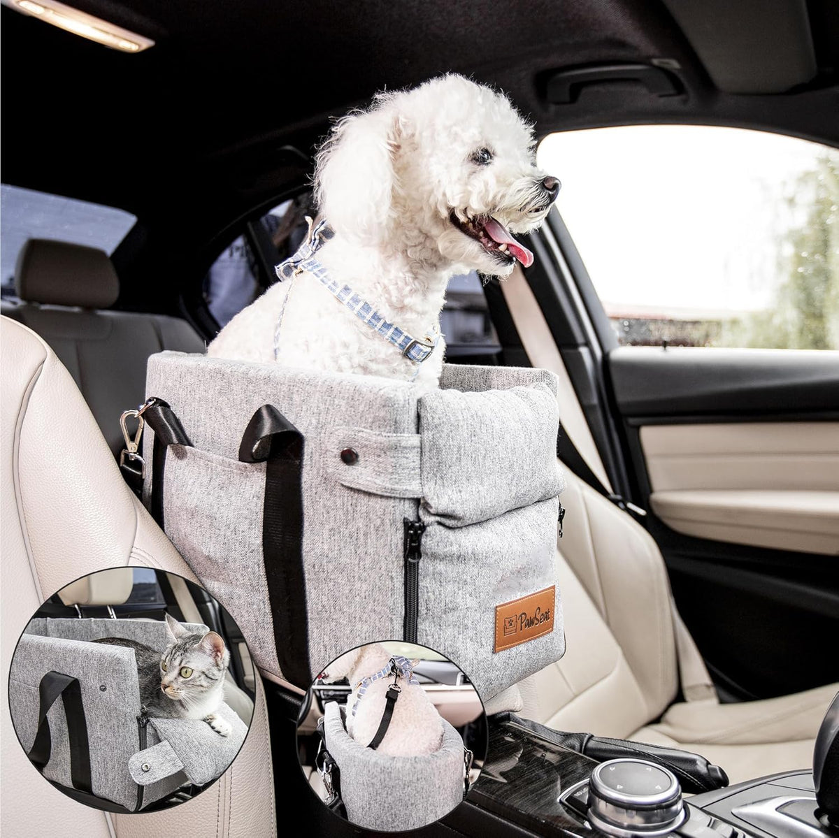 Pawseat center console dog car seat in-car view helps small dogs feel secure.