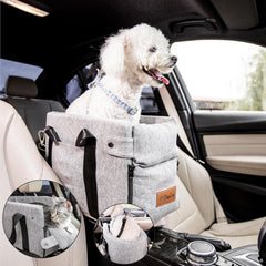 Pawseat center console dog car seat in-car view helps small dogs feel secure.