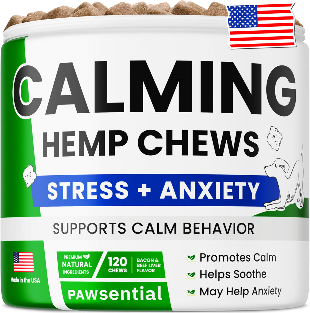 Pawsential Advanced Hemp Calming Chews bottle promotes calmer moments and anxiety relief.