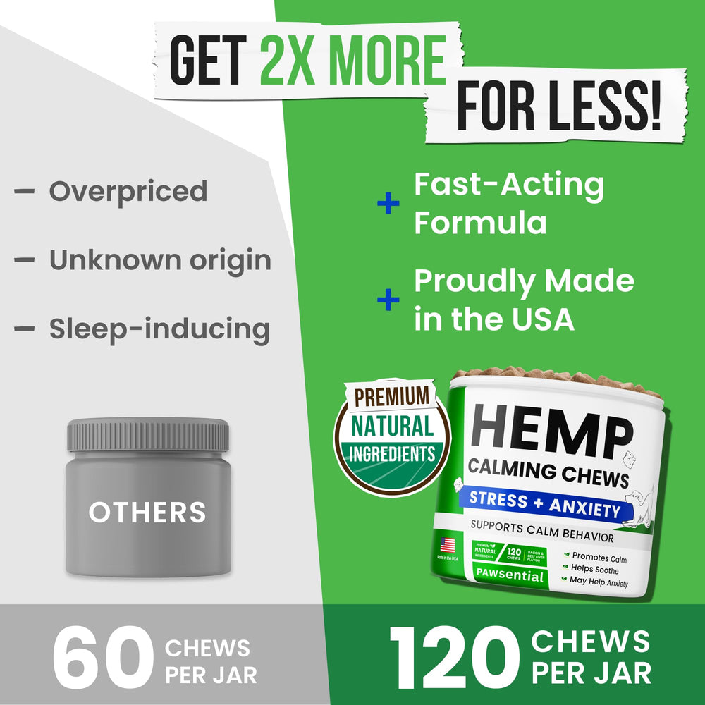 Pawsential Advanced Hemp Calming Chews dispensing jar showcases convenient everyday administration.
