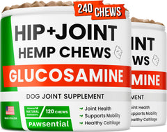 Pawsential hemp hip joint dog bottle showing value-pack chews for senior mobility.