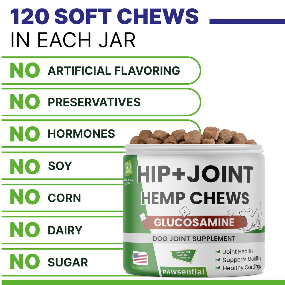 Pawsential chews with hemp oil and turmeric for comfortable activity.