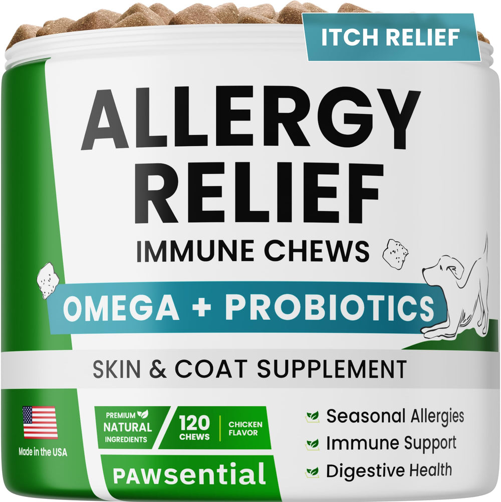 PAWSential allergy relief dog chews bottle, easy daily dose for itch relief and skin support.