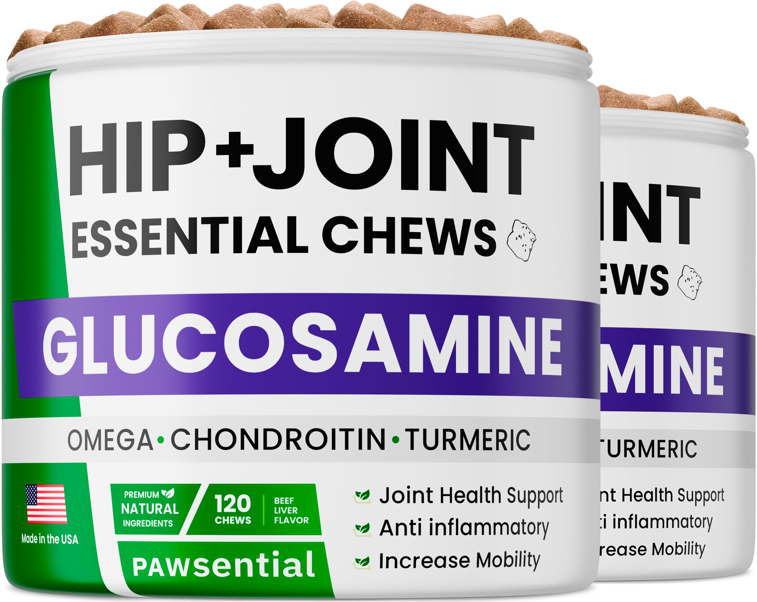 Pawsential glucosamine chews in a bowl support dog joint health with tasty daily treats