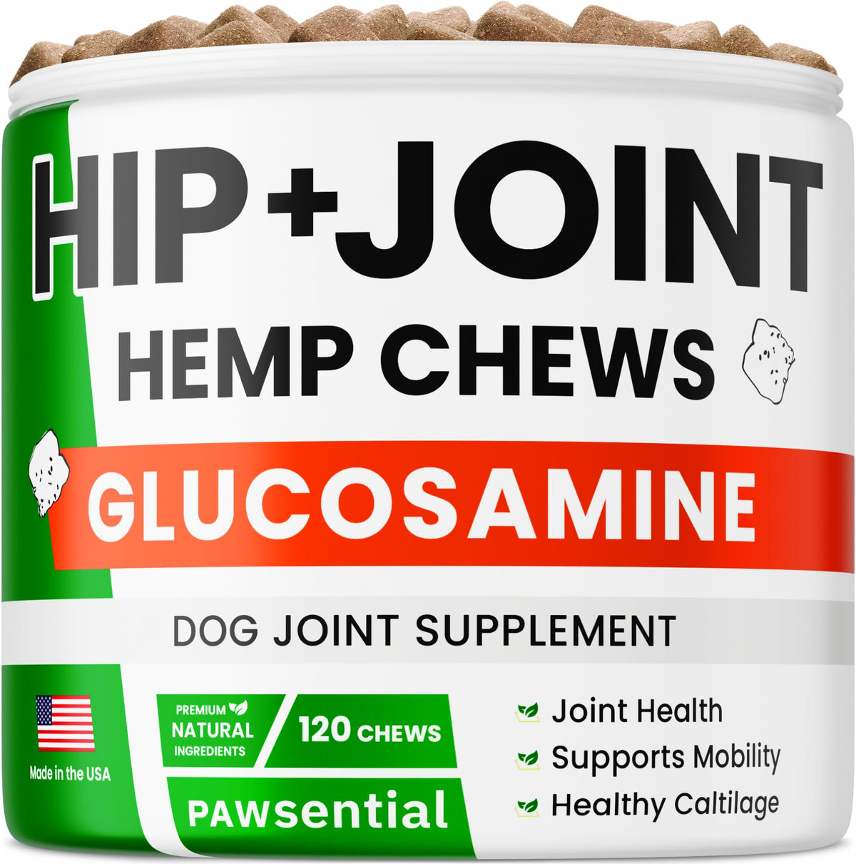 Pawsential hemp treats dog bottle: convenient hip and joint support chews for daily mobility