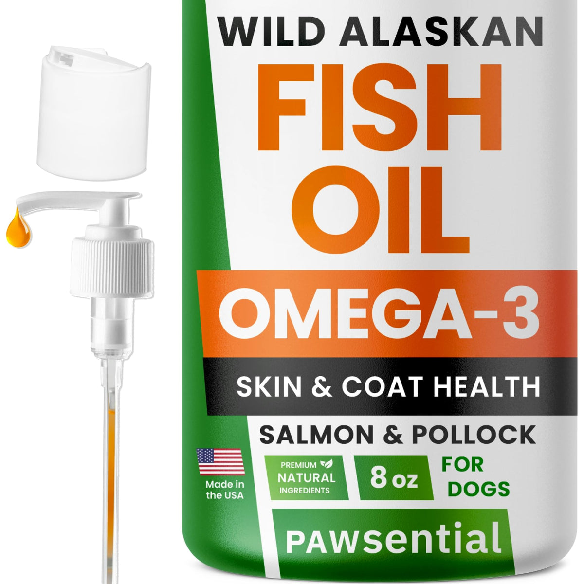 Pawsential Omega-3 Fish Oil bottle for dogs and cats suggesting skin and coat support