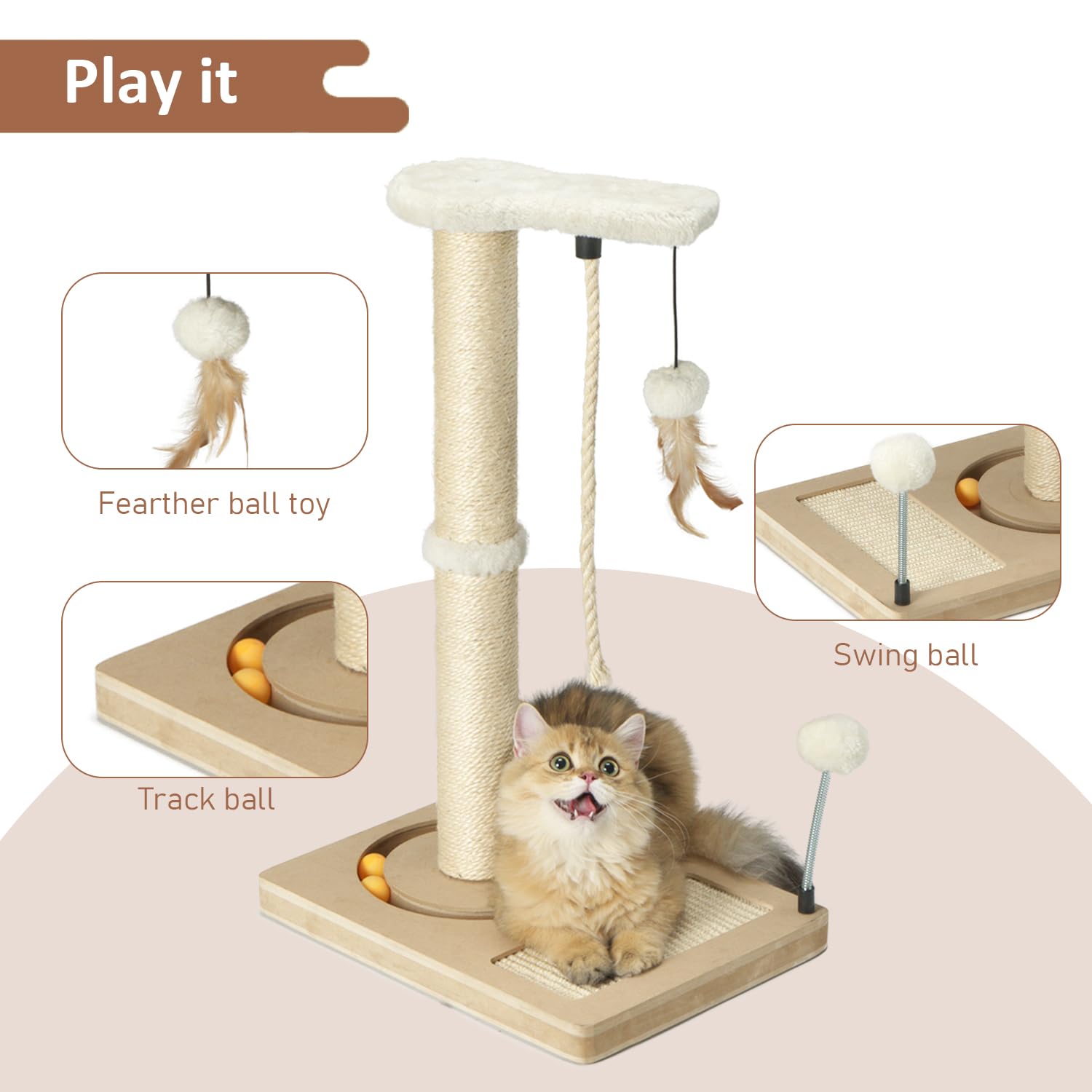 PAWSFANS cat scratching post featuring track ball for interactive play
