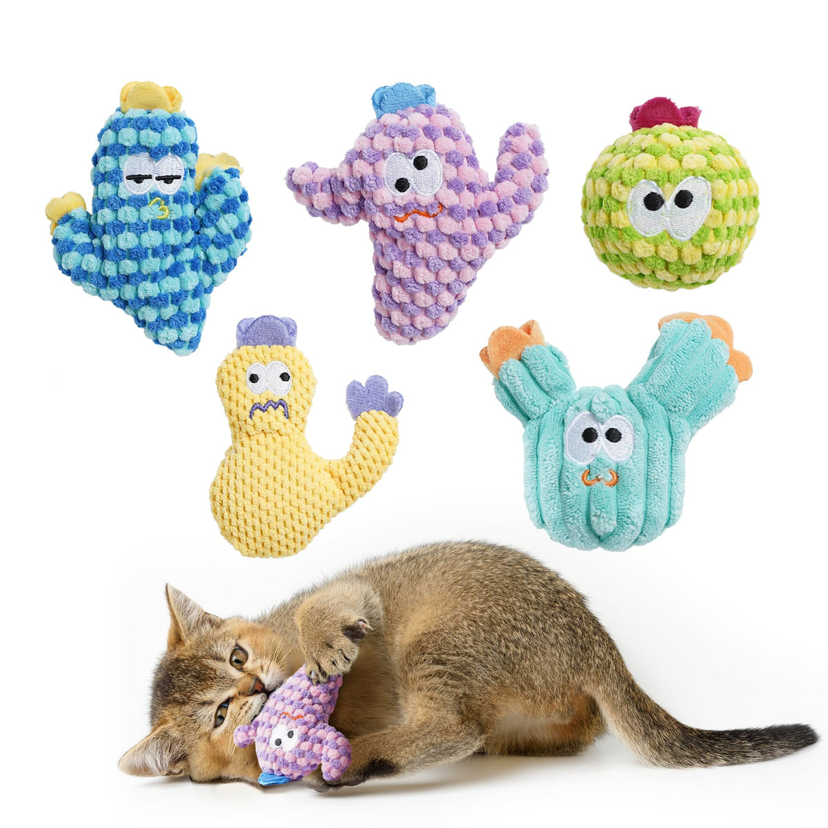 Pawsible 5-pack cactus catnip toys front view for engaging indoor play sessions