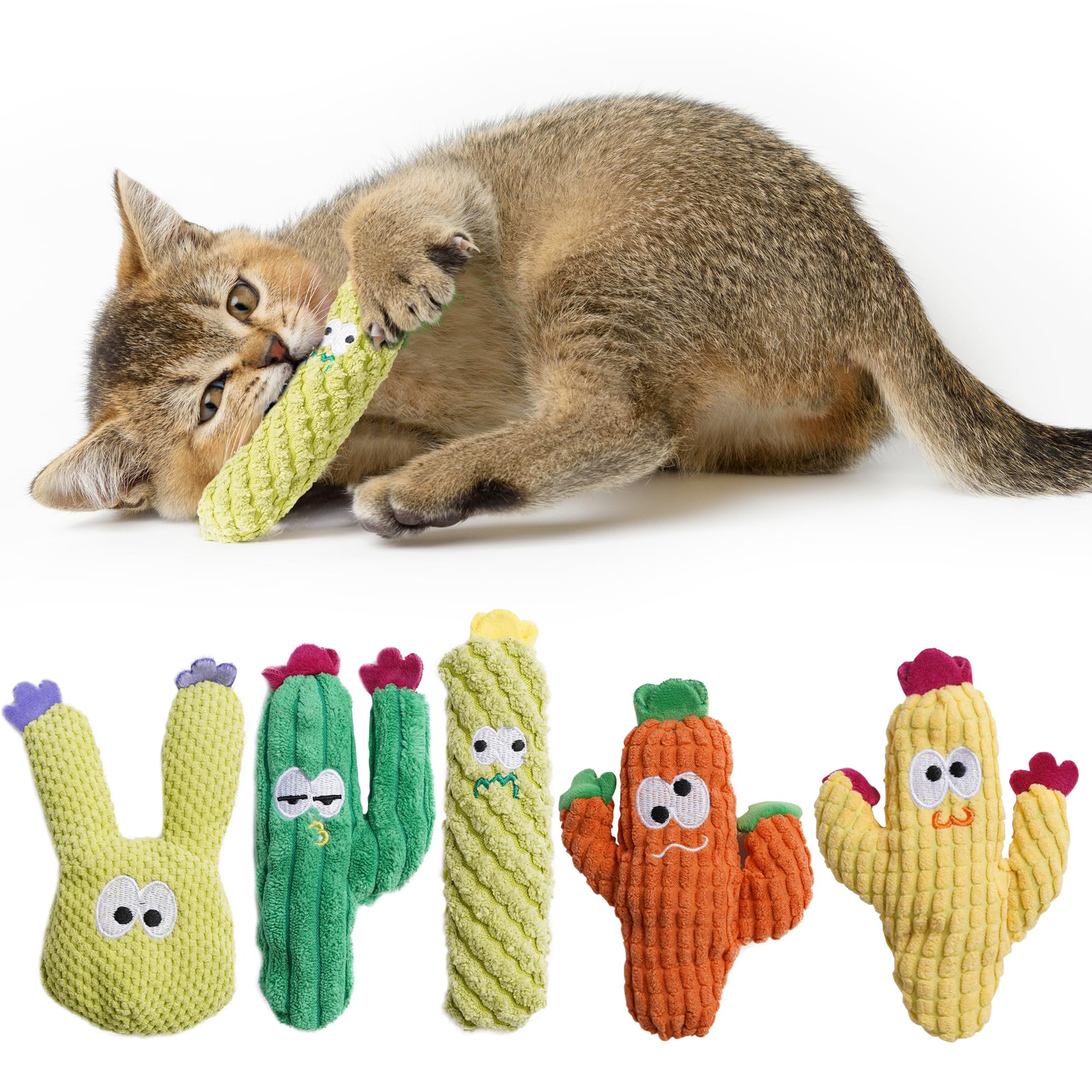 Pawsible catnip cactus toy collection displays vibrant five-pack for engaging indoor play.