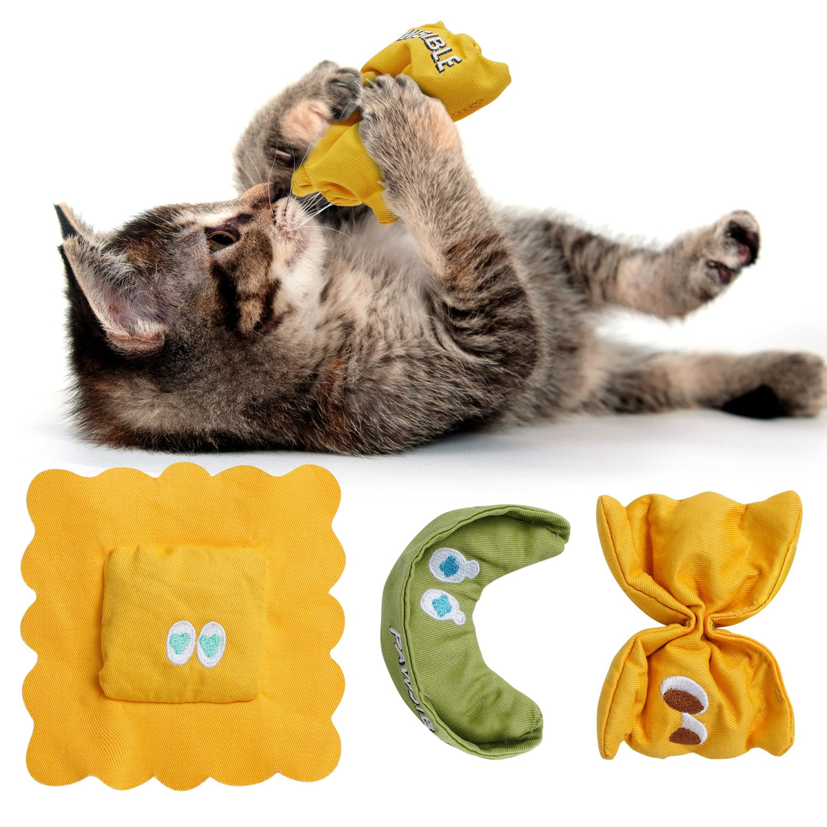 Pawsible Ravioli Catnip Toy front view with plush texture for indoor cat play