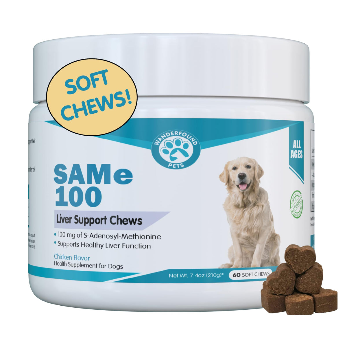 Pawsitive SAM-e liver bottle shows bacon flavor for liver support.