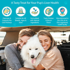 Pawsitive Wanderfound salmon-bacon flavor chews in packaging highlighting tasty liver detox