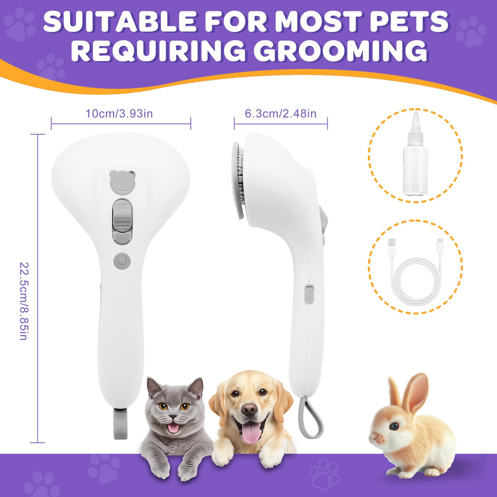 PawsMedal pet bath time bonding with steam grooming brush in action.