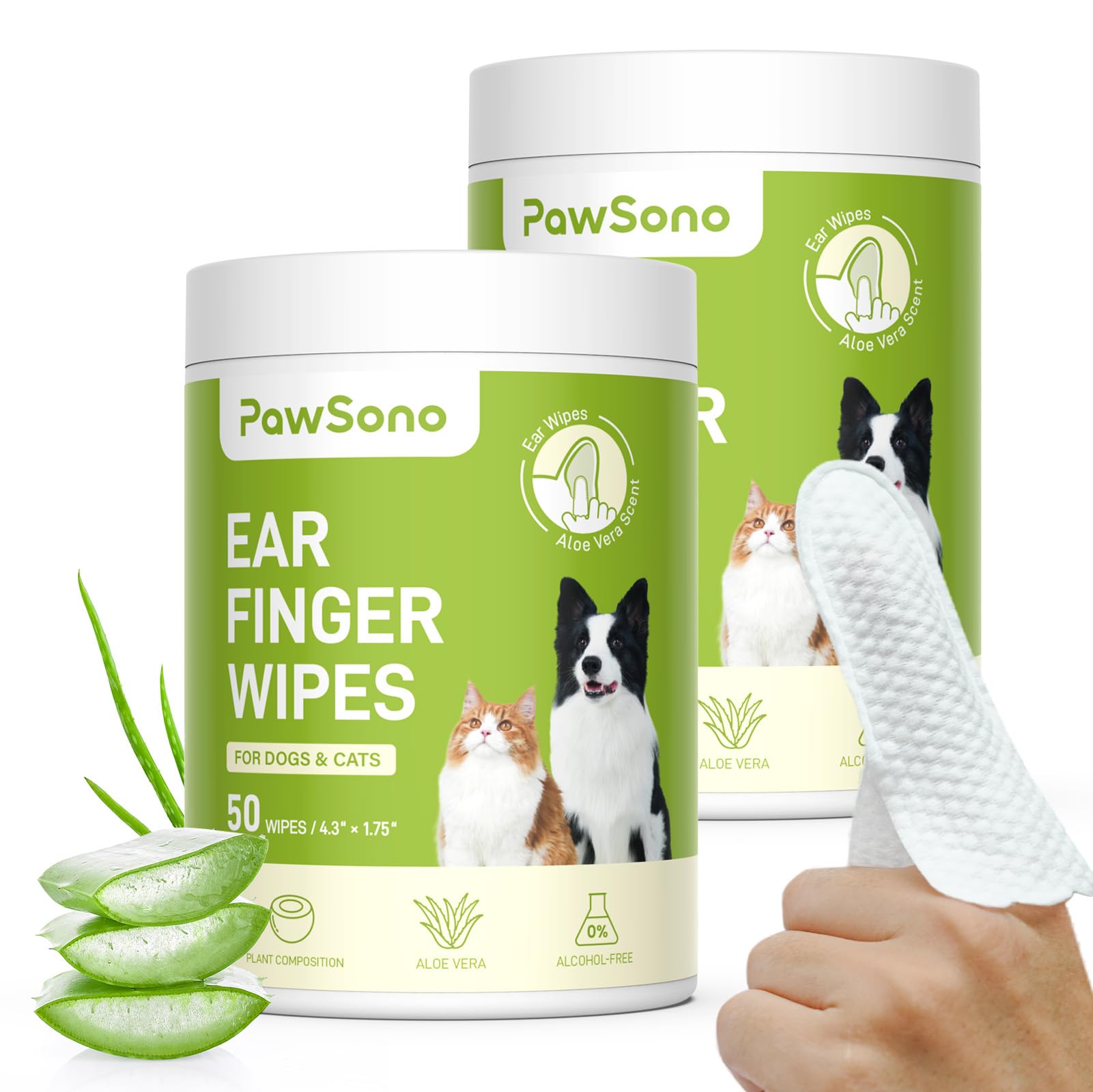 PawSono ear finger wipes packaging front shows vet-approved solution for pets.