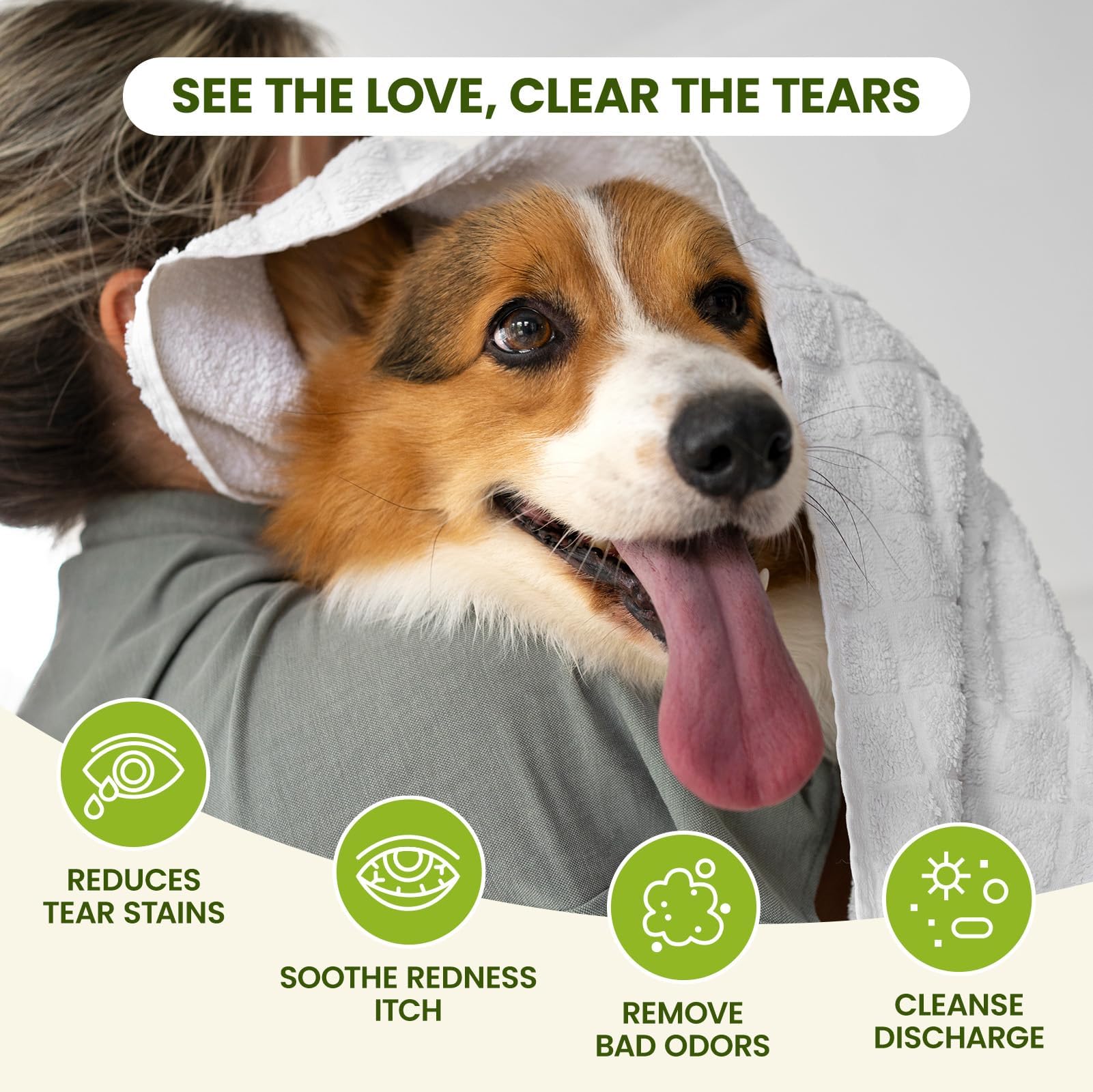 PawSono Eye Wipes suitable for dogs, cats, and rabbits around the eyes.