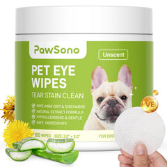 PawSono Eye Wipes packaging shows 100-count pack for home or travel convenience.