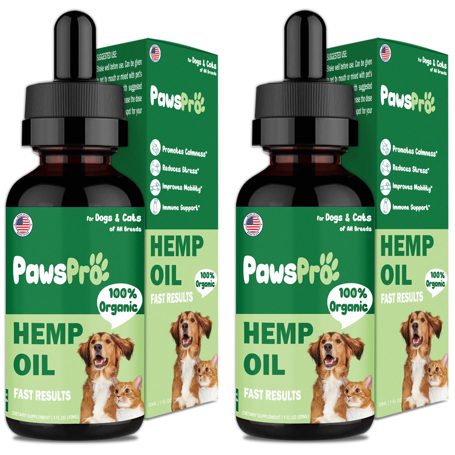PawsPro hemp oil bottle closeup showing calming formula for pets