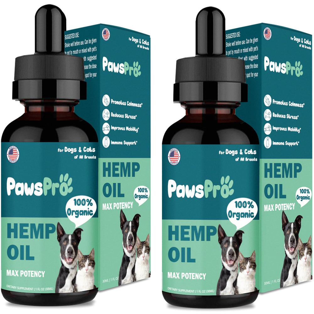 PawsPro hemp oil bottle supports natural calm for anxious pets.