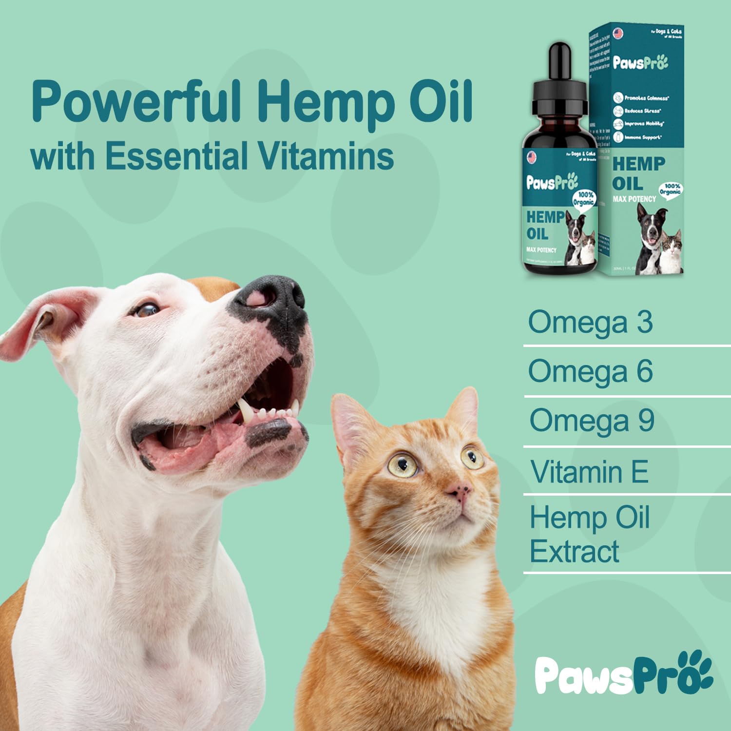 PawsPro pet wagging tails scene suggests joy after calming supplementation.