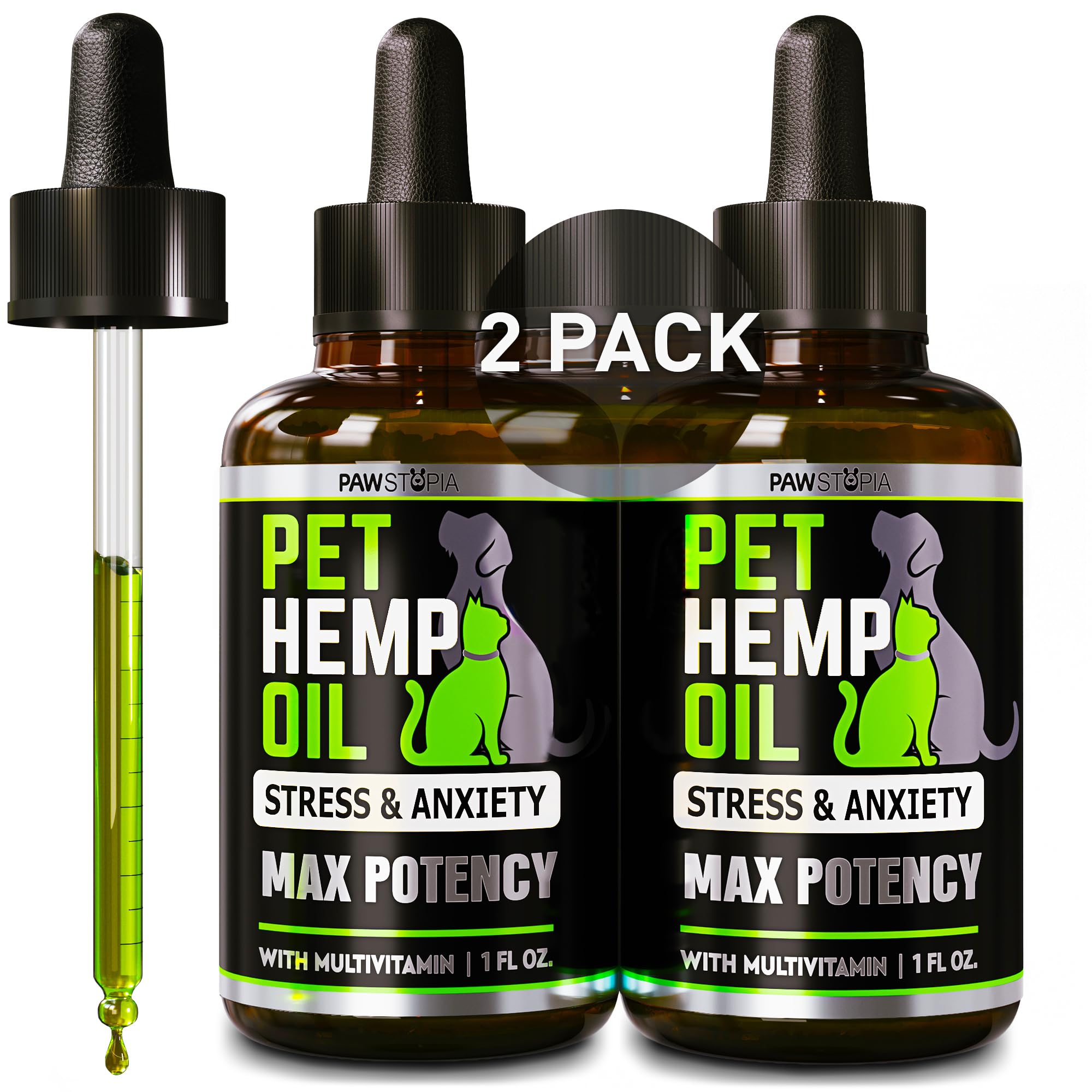 Pawstopia hemp oil bottle for dogs and cats promotes calmness in stressful moments.