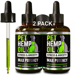 Pawstopia hemp oil bottle for dogs and cats promotes calmness in stressful moments.
