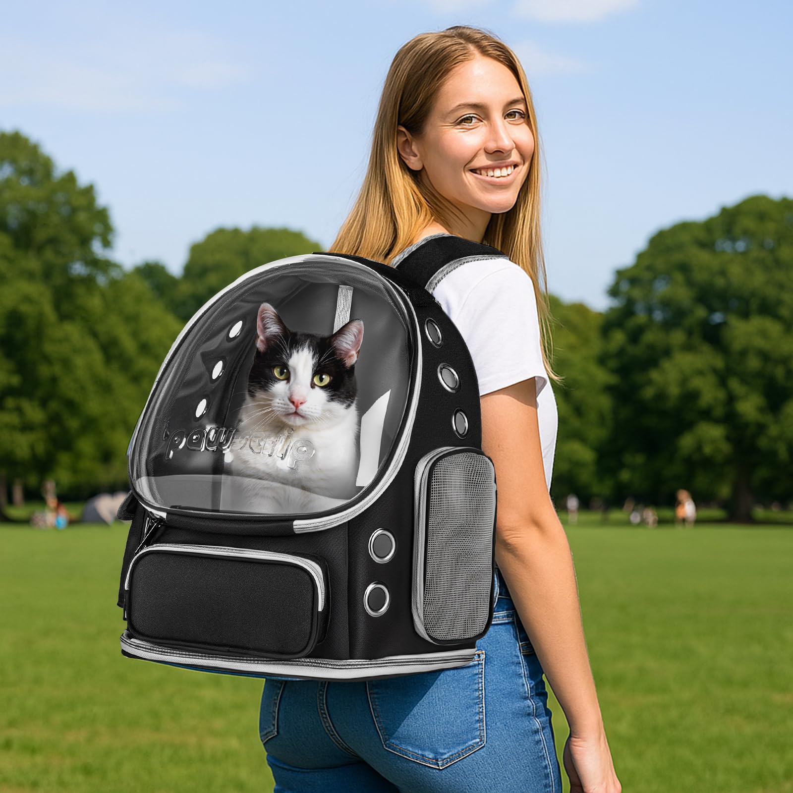 pawstrip Backpack Side Pockets hold treats and toys on the go