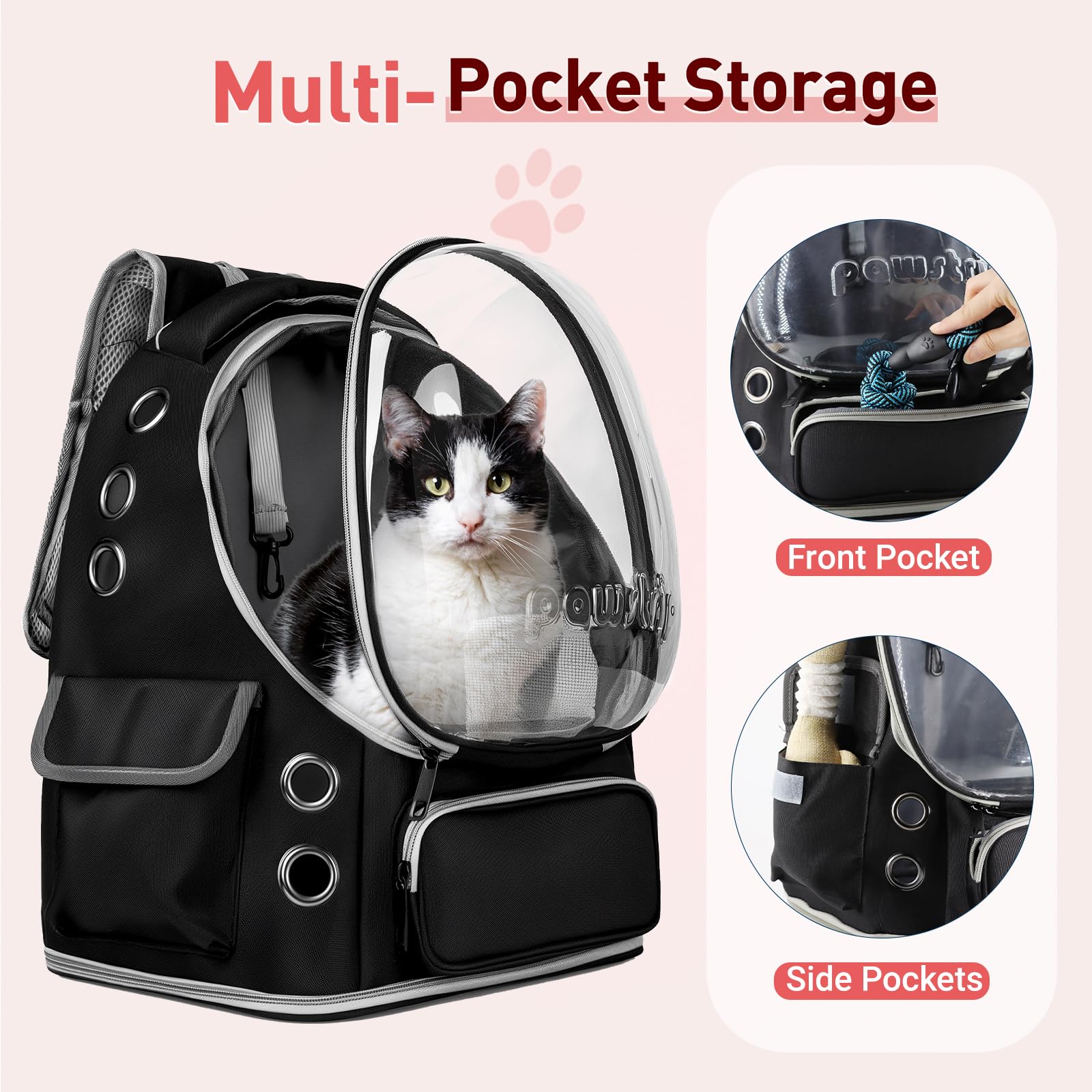 pawstrip Backpack ventilation shows airflow from 10 vents for pet comfort