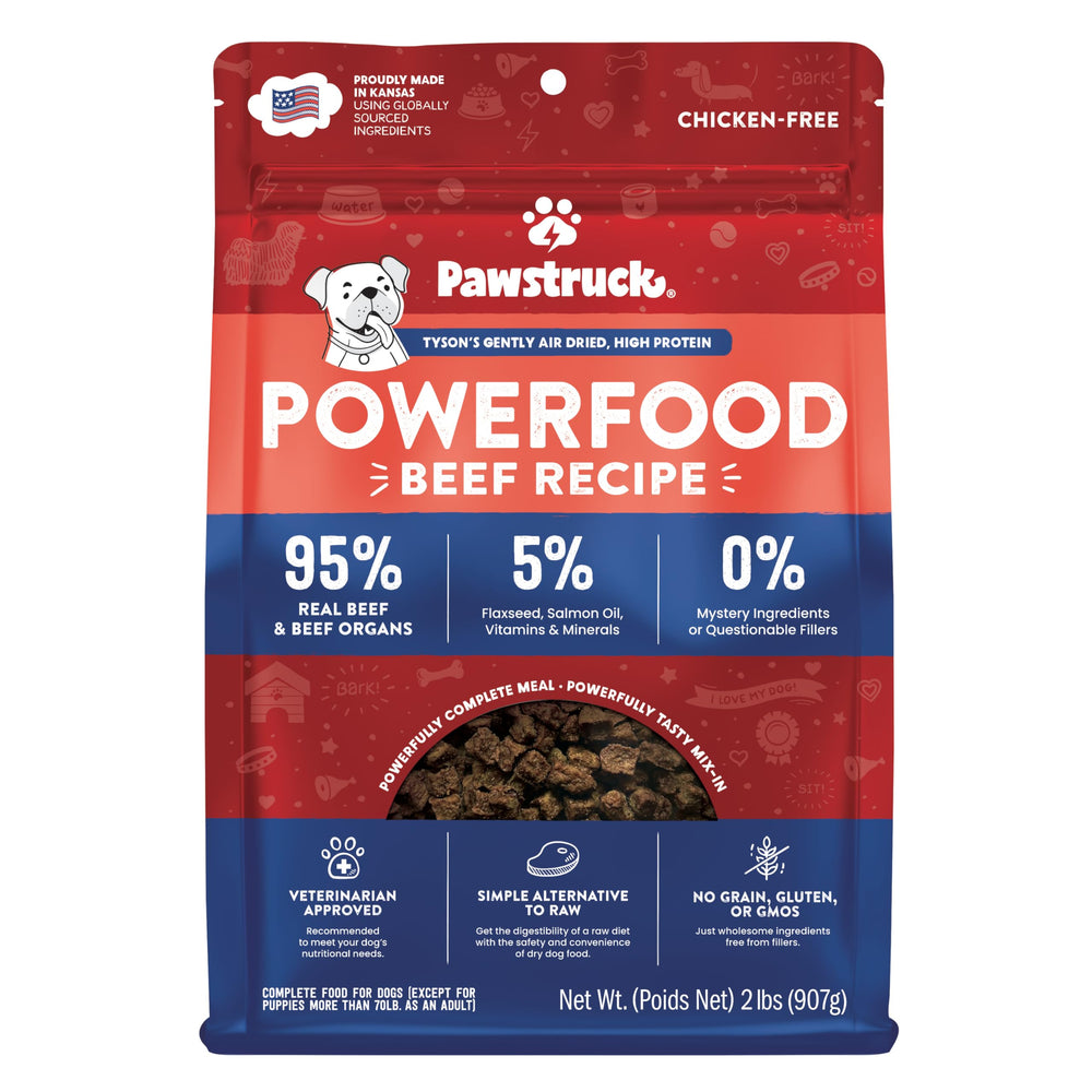 Pawstruck air dried beef bowl shows a crunchy, protein-rich meal for all breeds.