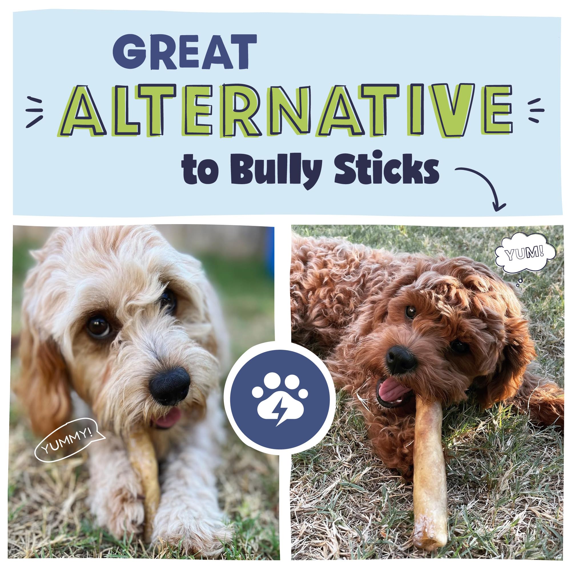 Pawstruck Beef Collagen Sticks being chewed, demonstrating boredom-busting enrichment during play.