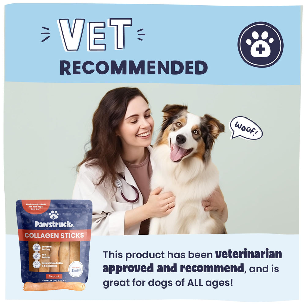 Pawstruck Beef Collagen Sticks in a bowl, signaling a high-protein, low-fat snack for dogs.