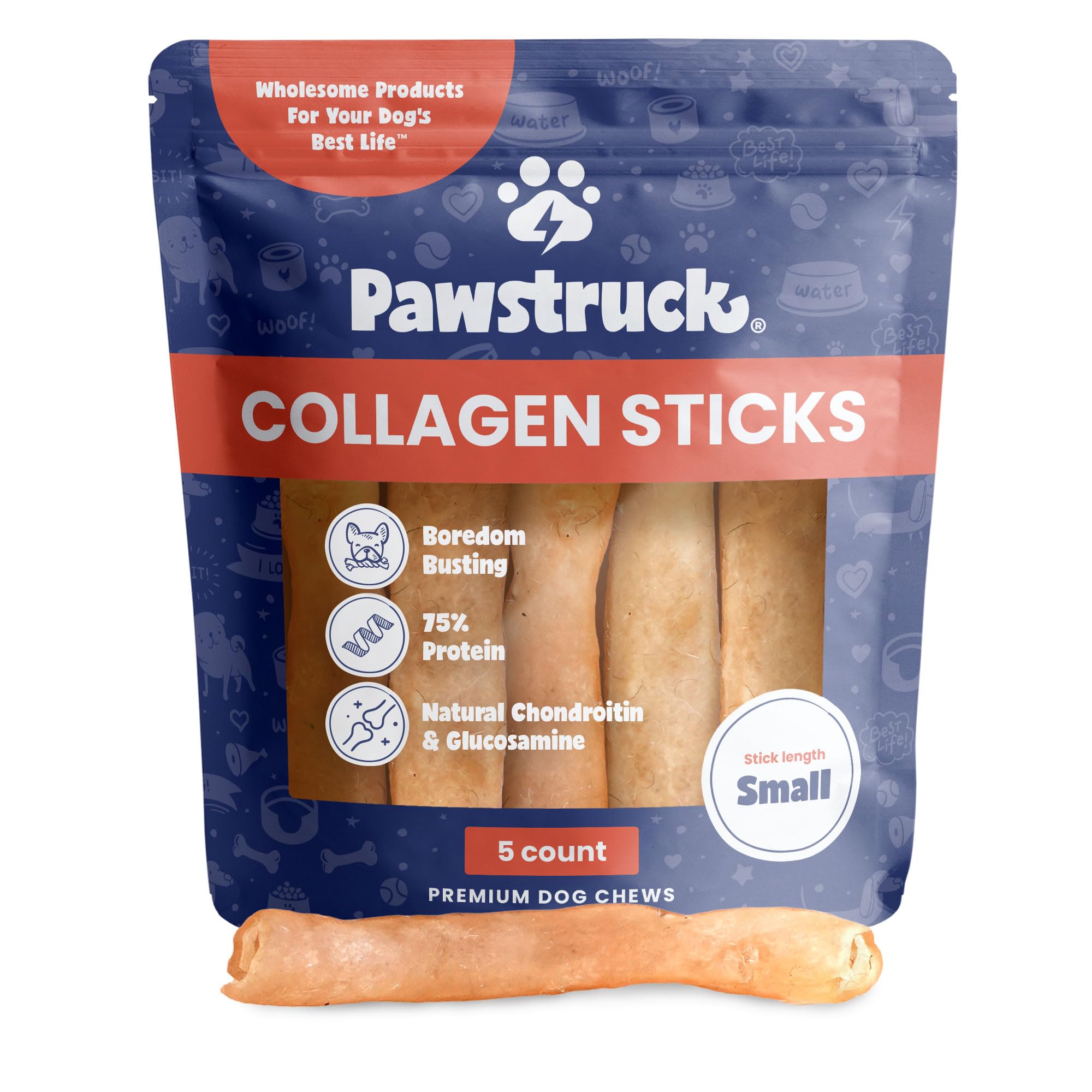 Pawstruck Beef Collagen Sticks packaging close-up, illustrating a long-lasting dental chew for dogs.