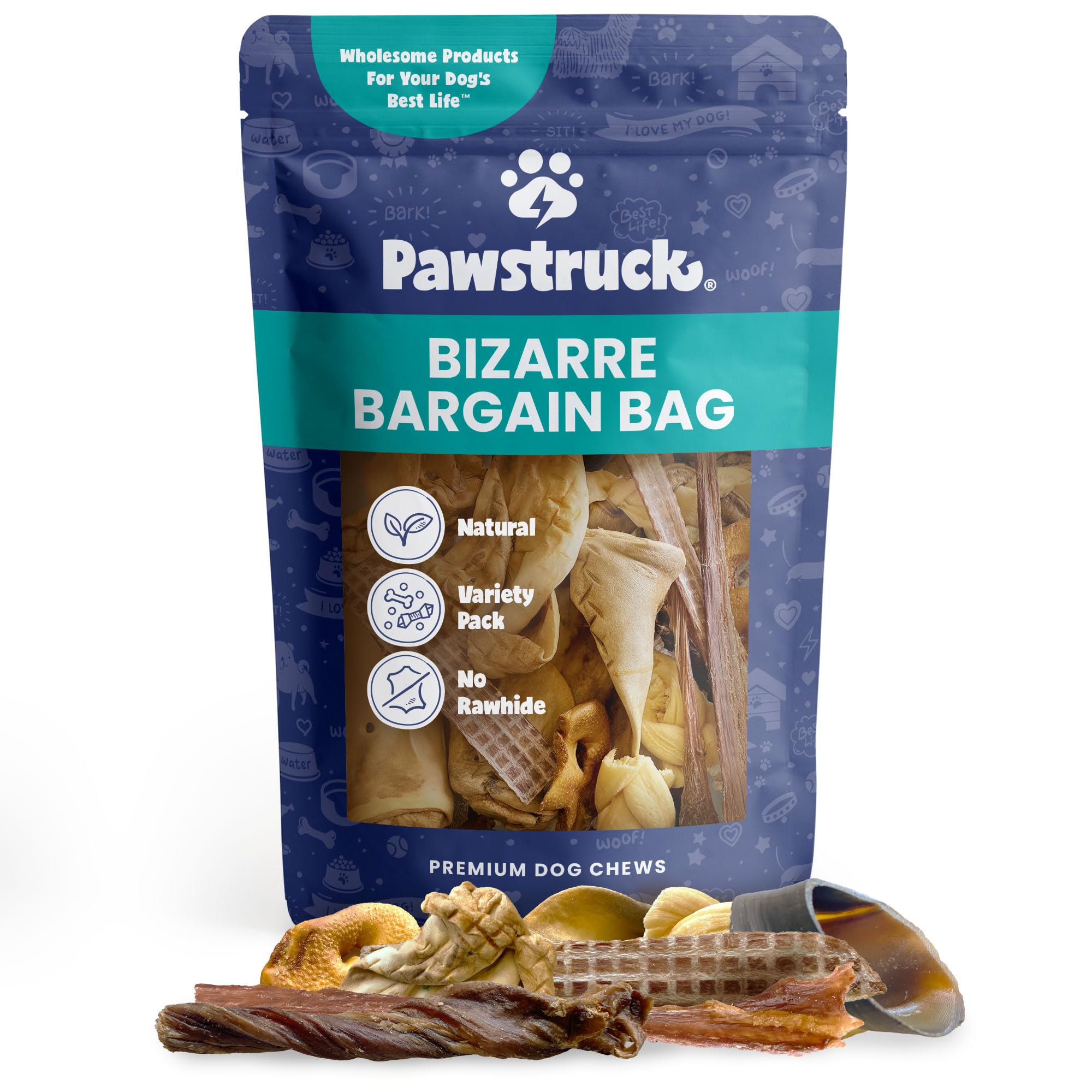 Pawstruck Bizarre Bargain Bag packaging image features assorted dog chews for variety and value.