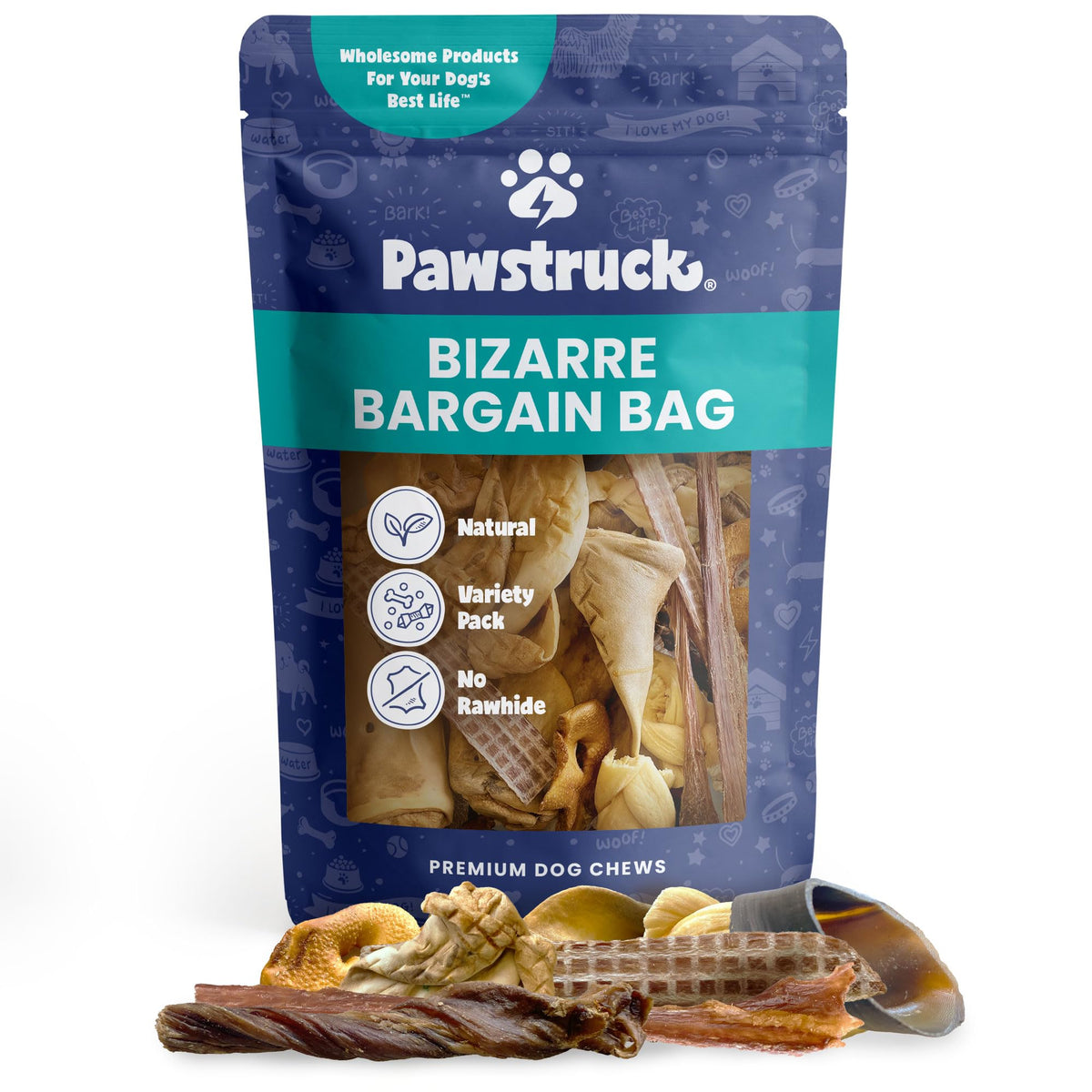 Pawstruck Bizarre Bargain Bag packaging image features assorted dog chews for variety and value.