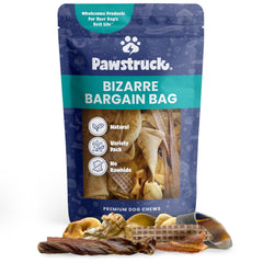 Pawstruck Bizarre Bargain Bag packaging image features assorted dog chews for variety and value.