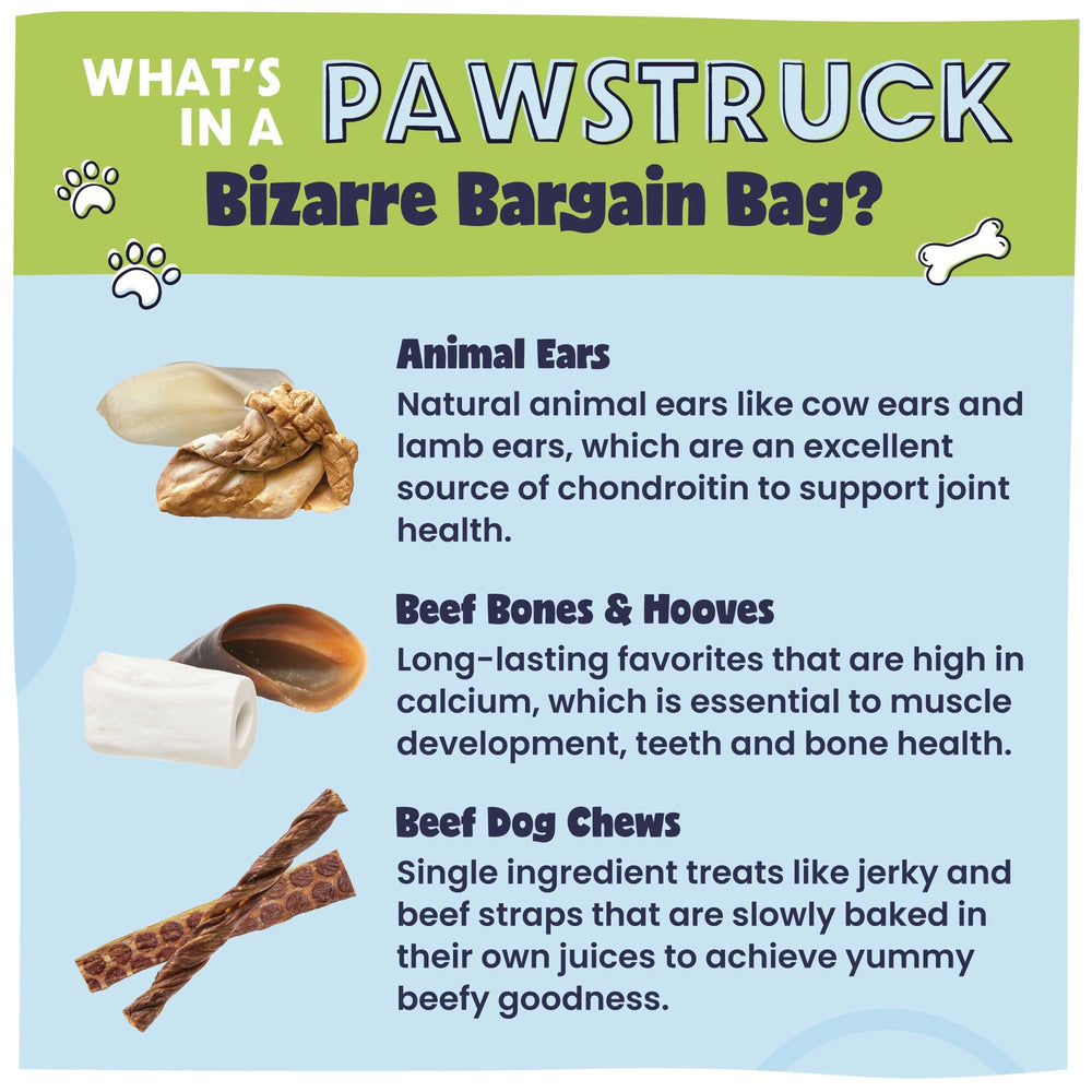 Pawstruck Bizarre Bargain Bag beef straps image suggests durable chews that entertain power chewers.